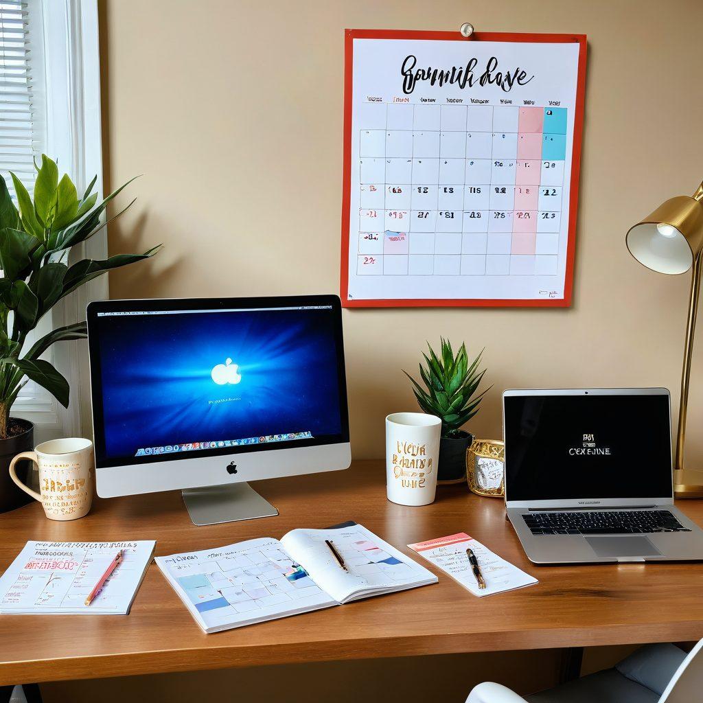 A warm and inviting workspace featuring a family-friendly environment, highlighting a desk with a laptop, a family photo, and a coffee mug. Soft lighting illuminates a wall with inspirational quotes about work-life balance and family support. In the background, there are elements representing family leave, such as a calendar marked with important dates. The scene evokes a sense of calm and balance in a home office setting. super-realistic. vibrant colors. cozy atmosphere.
