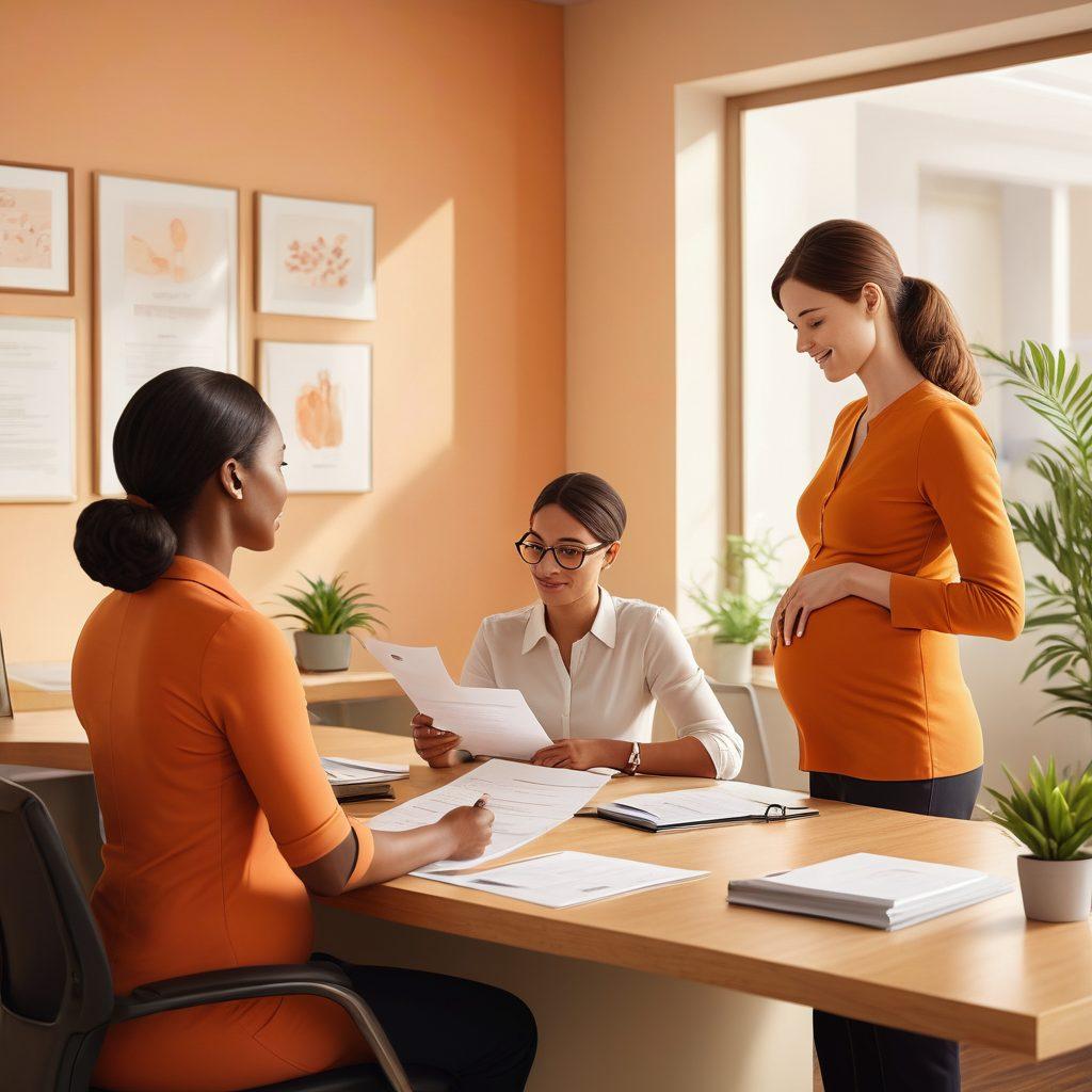 An illustration of a serene office environment showcasing a supportive colleague handing a 'leave approval' document to a pregnant employee, with diverse individuals engaged in discussions about maternity, paternity, and compassionate leave. Warm colors, soft lighting, and inclusive representation create an inviting atmosphere, highlighting well-being and work-life balance. super-realistic. vibrant colors. soft focus.