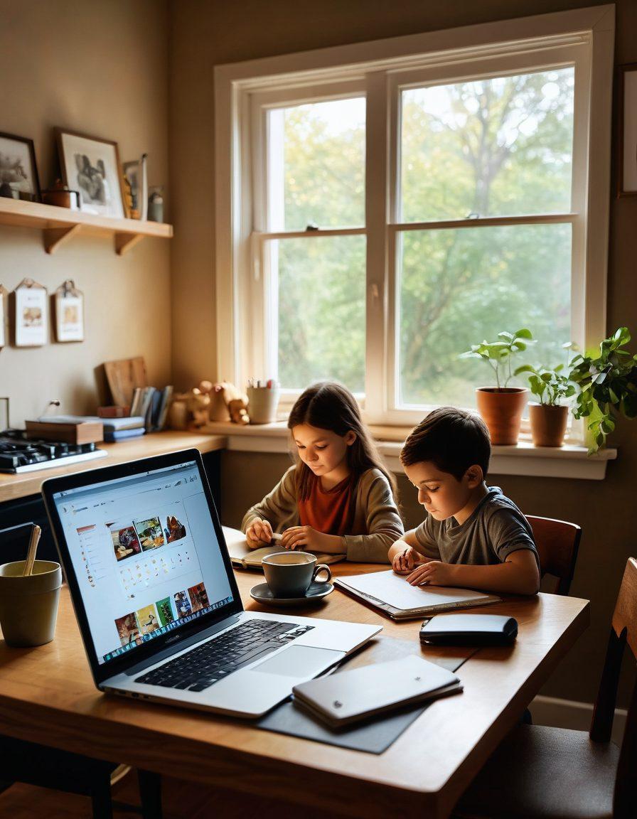 A serene family scene depicting a parent working on a laptop at a cozy dining table, with a child playing nearby. Soft sunlight filters through a window, symbolizing balance and harmony. Include elements like a calendar showing family time, and a cup of coffee, representing comfort and productivity. Use warm colors to evoke emotion and connection. super-realistic. vibrant colors. soft focus.